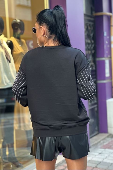 Kol Göğüs Taş Detay Sweat-Siyah