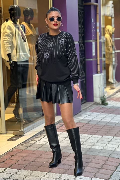 Kol Göğüs Taş Detay Sweat-Siyah