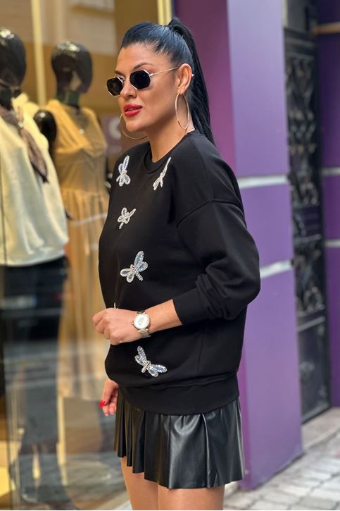 Taş Detay Sweat-Siyah