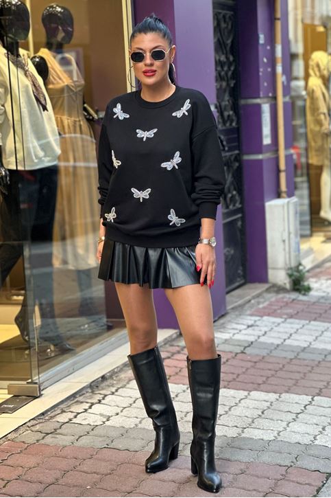 Taş Detay Sweat-Siyah