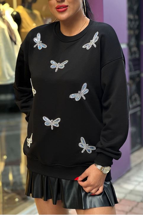 Taş Detay Sweat-Siyah