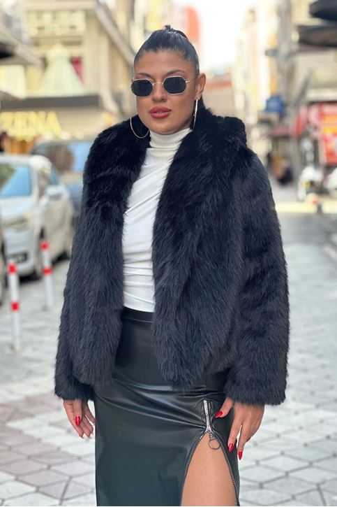 Oversize Görünüm Yakalı Kürk-Siyah
