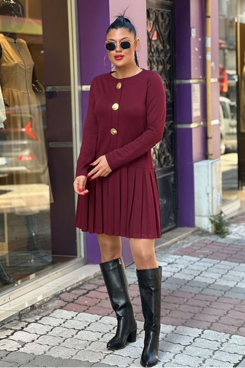 Çelik Düğme Detaylı Pileli Elbise-Bordo