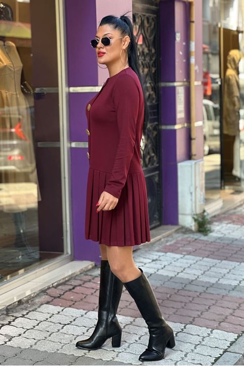 Çelik Düğme Detaylı Pileli Elbise-Bordo