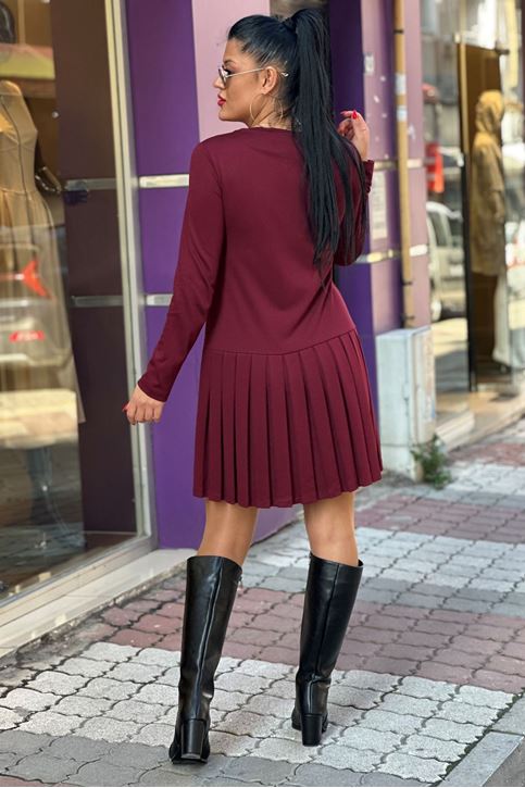 Çelik Düğme Detaylı Pileli Elbise-Bordo