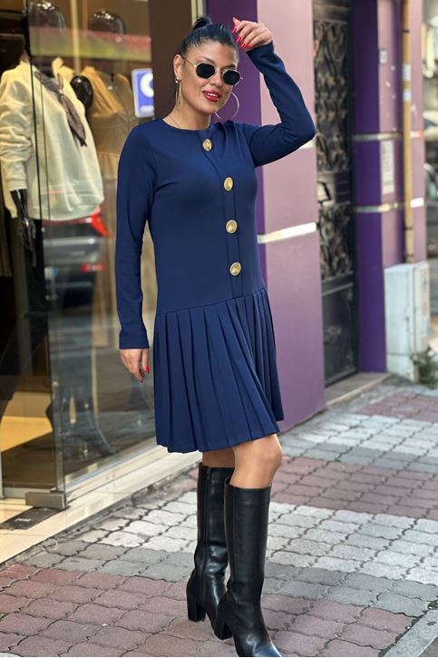 Çelik Düğme Detaylı Pileli Elbise-Lacivert