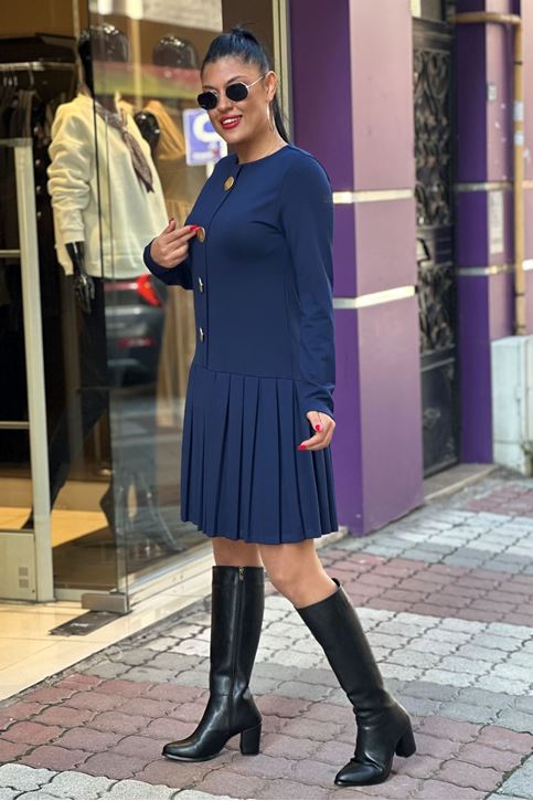 Çelik Düğme Detaylı Pileli Elbise-Lacivert