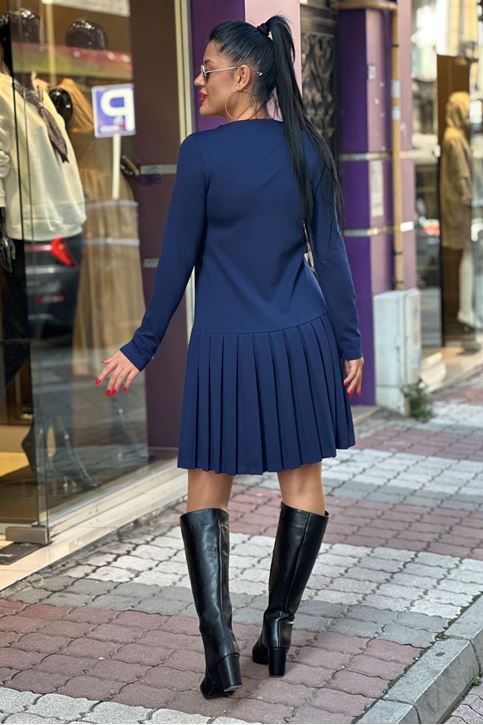 Çelik Düğme Detaylı Pileli Elbise-Lacivert