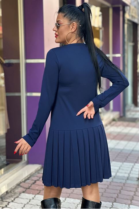 Çelik Düğme Detaylı Pileli Elbise-Lacivert
