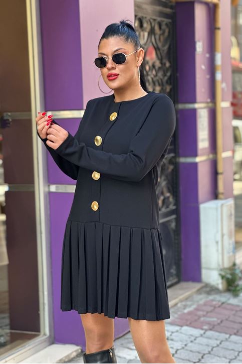 Çelik Düğme Detaylı Pileli Elbise-Siyah