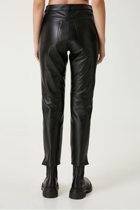 Yüksek Bel Cep Görünümlü Diz Çımalı Deri Pantolon-Siyah