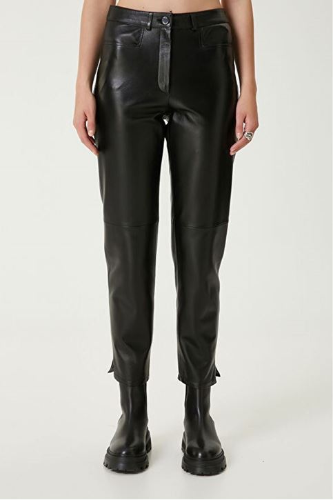 Yüksek Bel Cep Görünümlü Diz Çımalı Deri Pantolon-Siyah