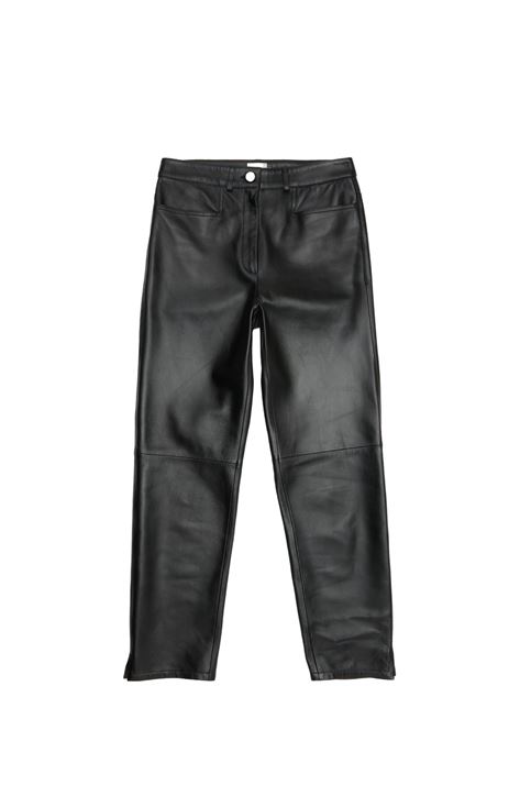 Yüksek Bel Cep Görünümlü Diz Çımalı Deri Pantolon-Siyah