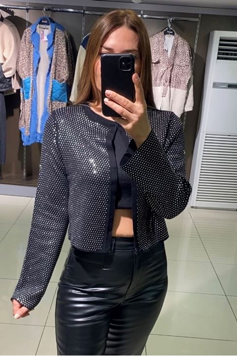 Tamamı Taş Detay Çelik Örgü Triko Hırka-Siyah