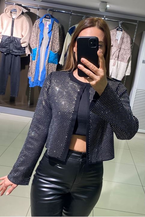 Tamamı Taş Detay Çelik Örgü Triko Hırka-Siyah