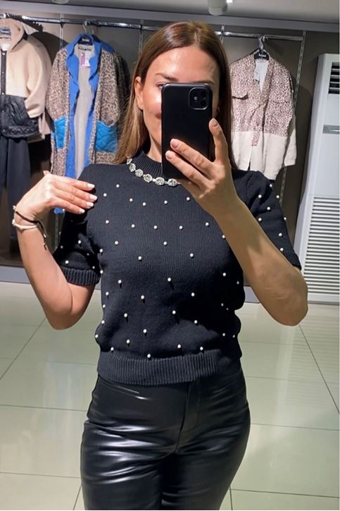 Yaka Kolye Taş Detay Tamamı İnci Kazak-Siyah