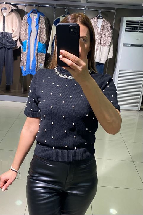 Yaka Kolye Taş Detay Tamamı İnci Kazak-Siyah