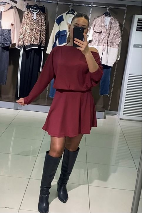 Kayık Yaka Salaş Etekli İkili Takım-Bordo