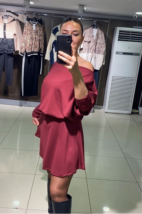 Kayık Yaka Salaş Etekli İkili Takım-Bordo