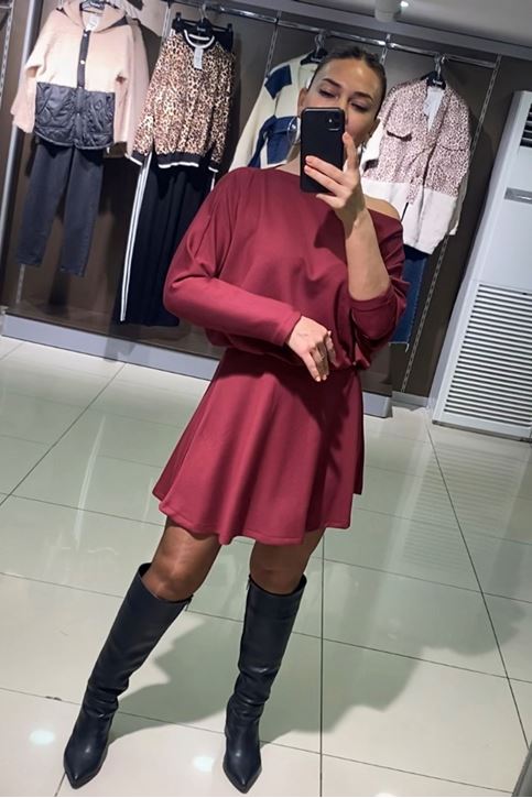 Kayık Yaka Salaş Etekli İkili Takım-Bordo