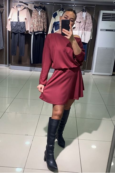 Kayık Yaka Salaş Etekli İkili Takım-Bordo