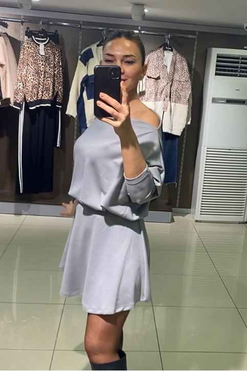 Kayık Yaka Salaş Etekli İkili Takım-Gri