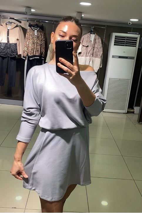 Kayık Yaka Salaş Etekli İkili Takım-Gri