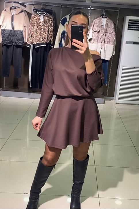 Kayık Yaka Salaş Etekli İkili Takım-Kahve