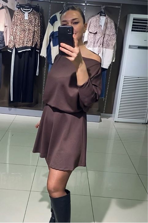 Kayık Yaka Salaş Etekli İkili Takım-Kahve