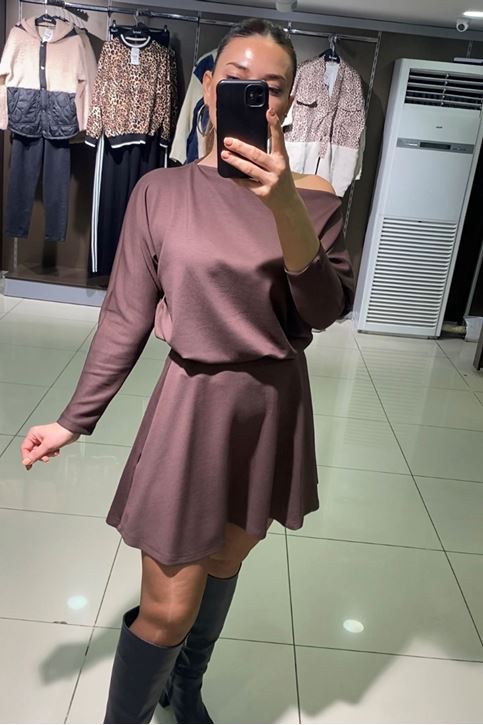 Kayık Yaka Salaş Etekli İkili Takım-Kahve