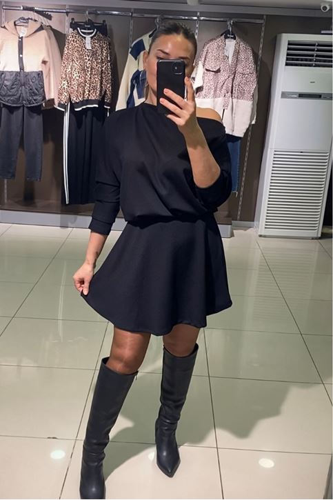 Kayık Yaka Salaş Etekli İkili Takım-Siyah