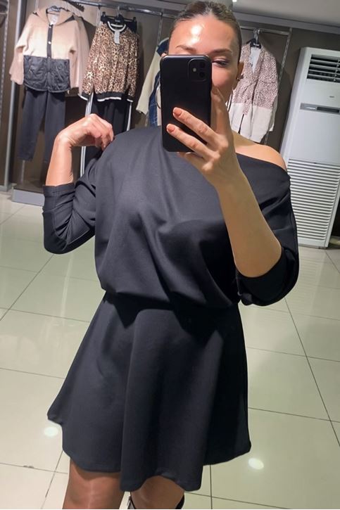 Kayık Yaka Salaş Etekli İkili Takım-Siyah