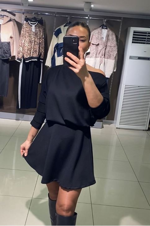 Kayık Yaka Salaş Etekli İkili Takım-Siyah