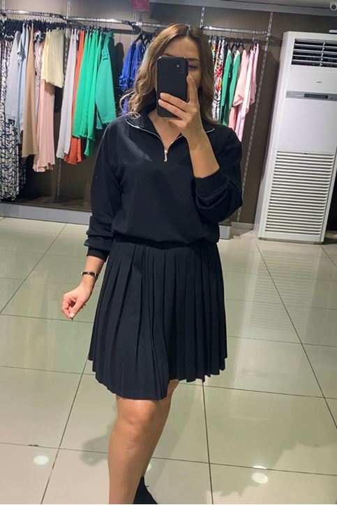 Yaka Fermuar Detay Etekli İkili Takım-siyahrugan