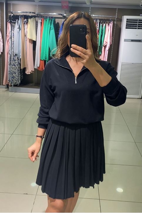 Yaka Fermuar Detay Etekli İkili Takım-siyahrugan