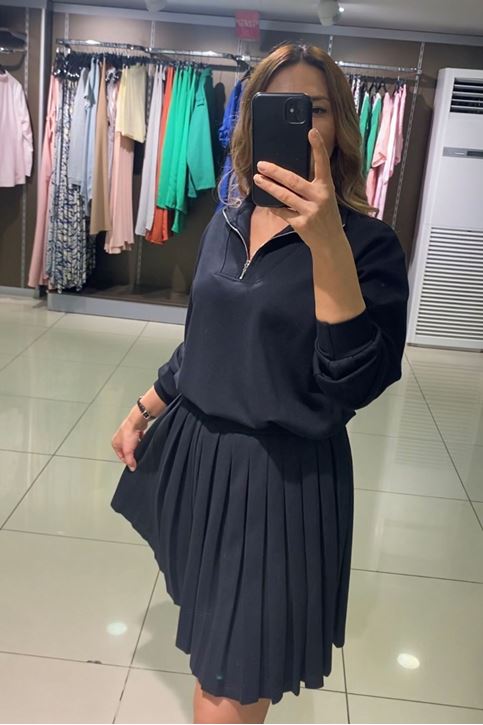 Yaka Fermuar Detay Etekli İkili Takım-siyahrugan