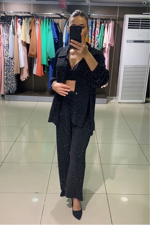 Kendinden Sim Doku Likralı Üç Parçalı Takım-Siyah