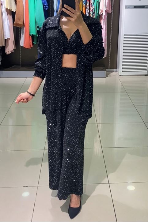 Kendinden Sim Doku Likralı Üç Parçalı Takım-Siyah