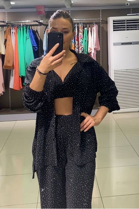 Kendinden Sim Doku Likralı Üç Parçalı Takım-Siyah