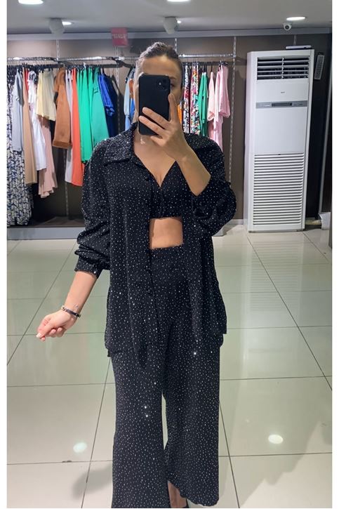 Kendinden Sim Doku Likralı Üç Parçalı Takım-Siyah