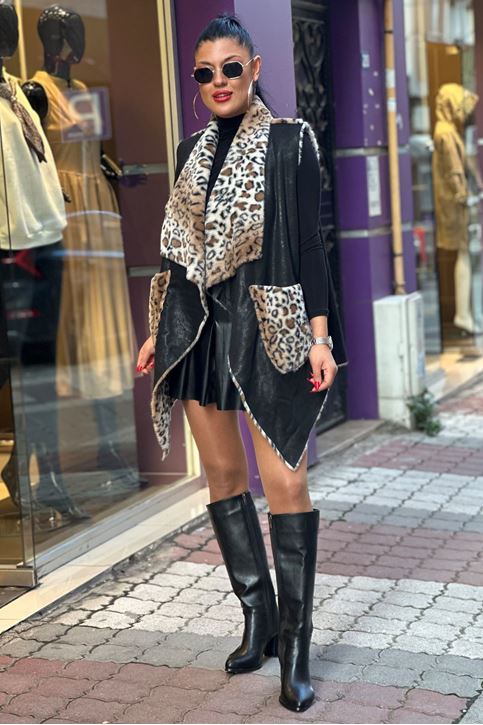 Nubuk Doku İthal İçi Kürklü Salaş Yelek-Siyah