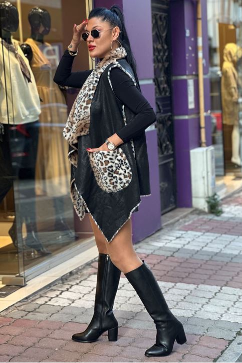 Nubuk Doku İthal İçi Kürklü Salaş Yelek-Siyah