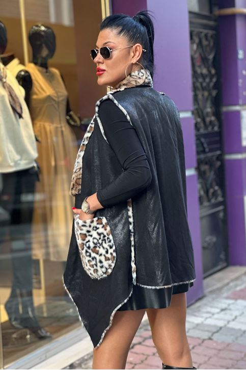 Nubuk Doku İthal İçi Kürklü Salaş Yelek-Siyah