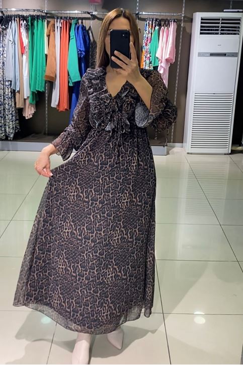 Yakası Volanlı Leopar Desen Midi Boy Elbise-Vizon