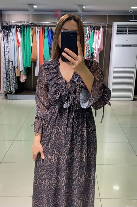 Yakası Volanlı Leopar Desen Midi Boy Elbise-Vizon