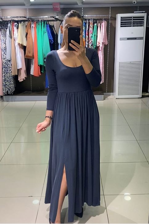 Oval Yaka Yırtmaçlı Midi Boy Elbise-Antrasit