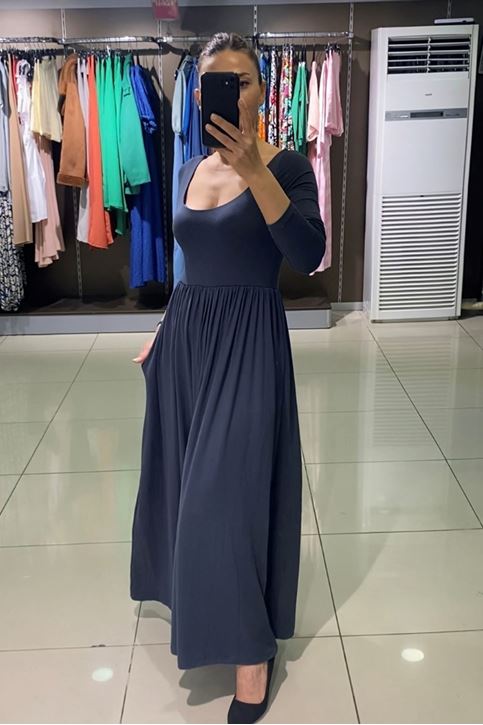 Oval Yaka Yırtmaçlı Midi Boy Elbise-Antrasit