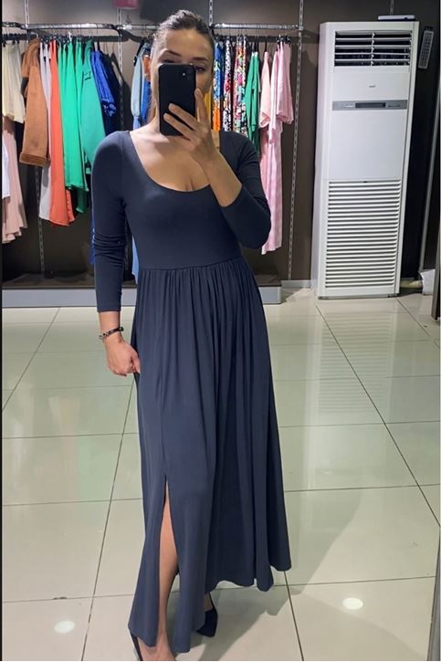 Oval Yaka Yırtmaçlı Midi Boy Elbise-Antrasit