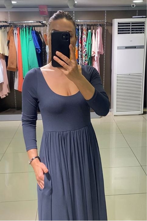 Oval Yaka Yırtmaçlı Midi Boy Elbise-Antrasit