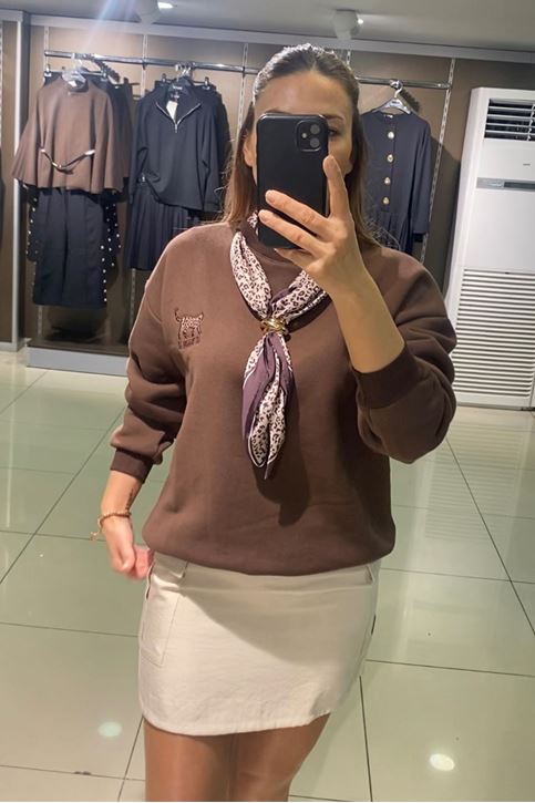 Yaka Fular Detay Üç İplik Şardonlu Sweatshirt-Kahve